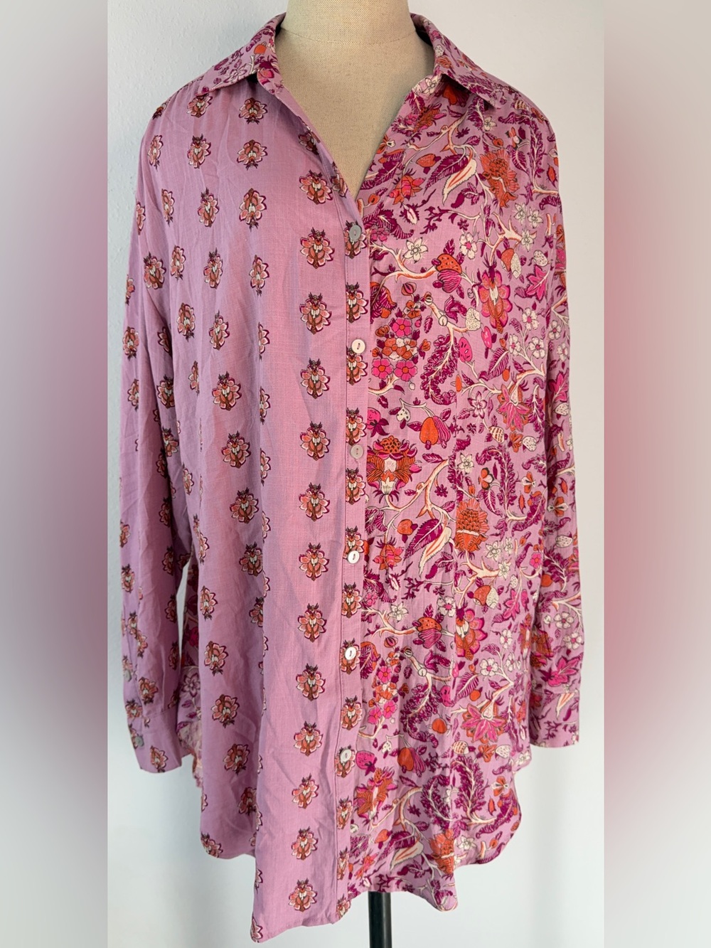 Knox Rose Pink Floral Mixed Print Button Front Top Y2K Boho Cottage Relaxed‎ Fit
